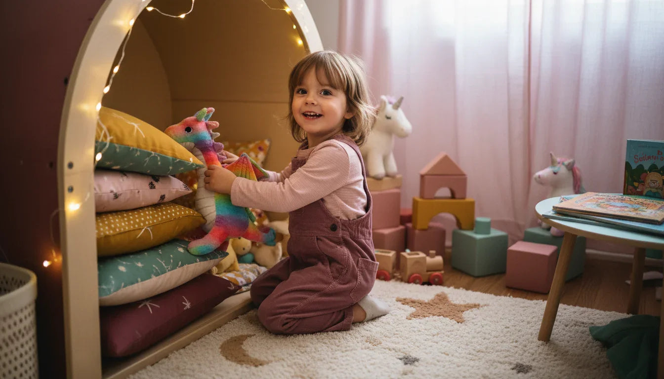 Smiling child playing with rainbow unicorn plush toy in cozy kids' playroom with pillows and blocks