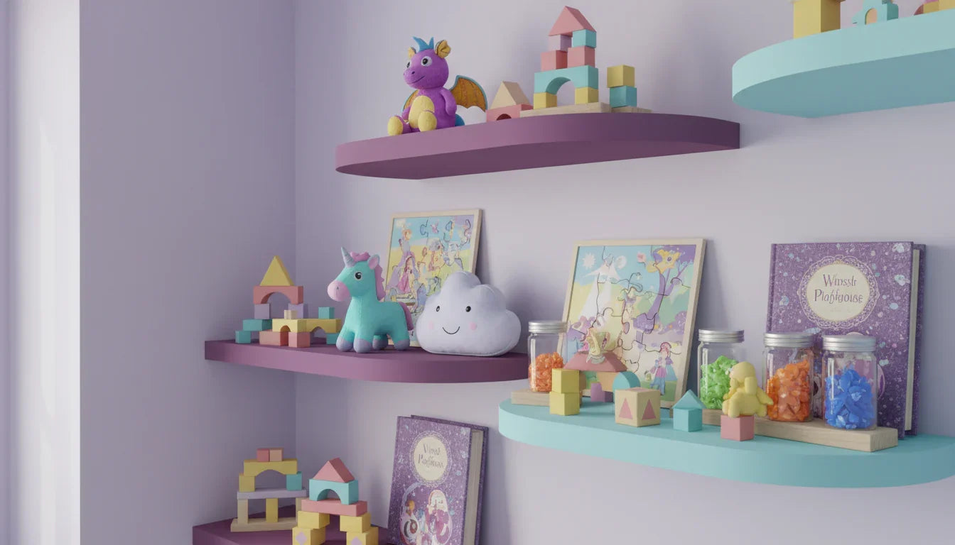 Colorful kids toy shelf with plush unicorn, cloud, dragon, puzzle games and building blocks