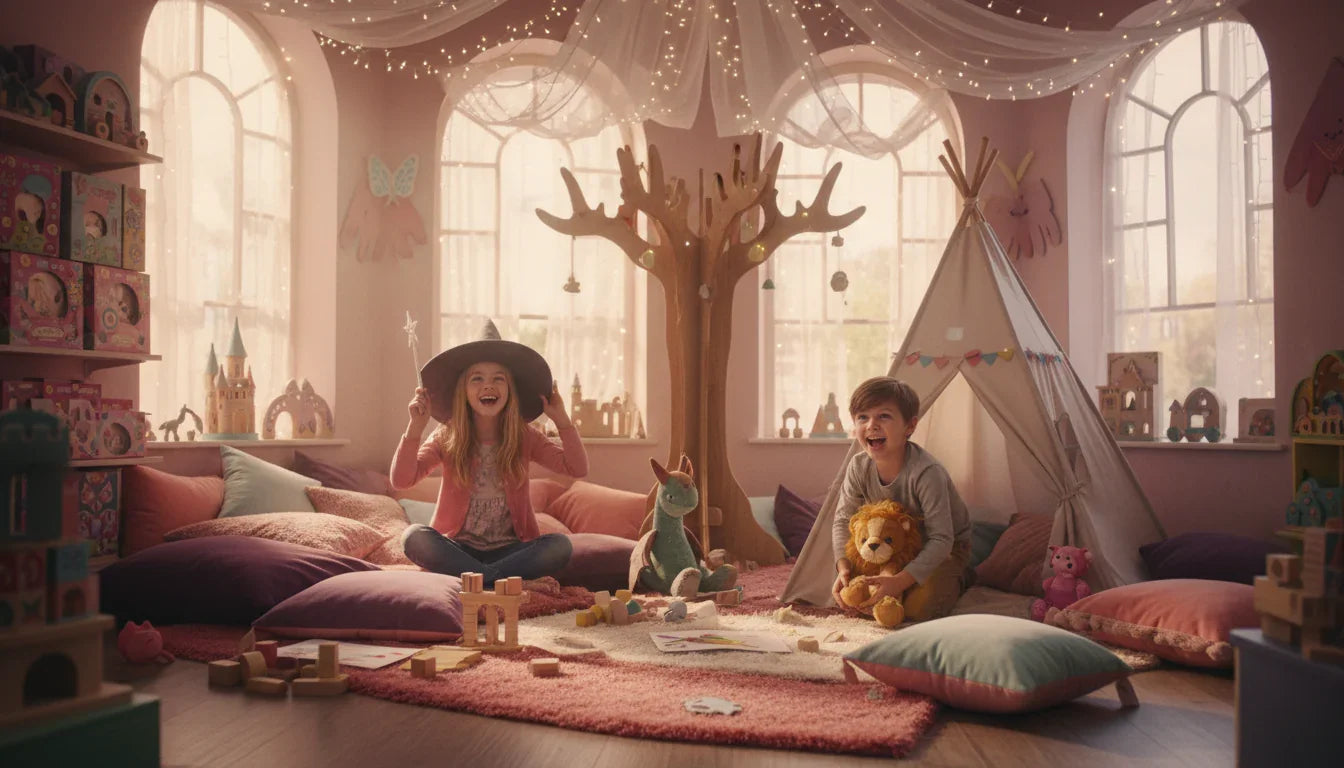Kids playing with stuffed animals and wooden toys in a cozy, whimsical playroom setting