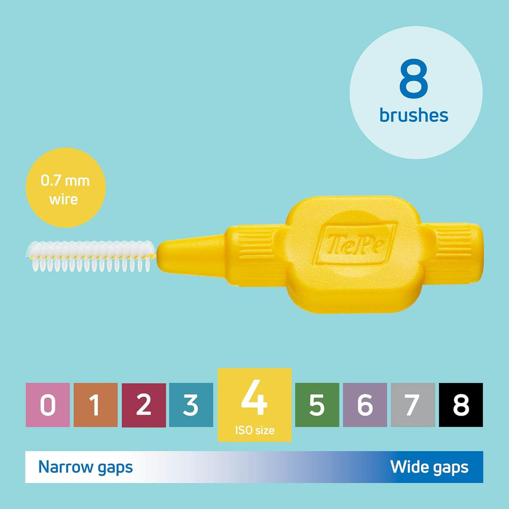 Interdental Brush, Original, Yellow, 0.7Mm/Iso 4, 8Pcs, Efficient Cleaning between Teeth, Plaque Remover and Dental Flosser for Small Gaps