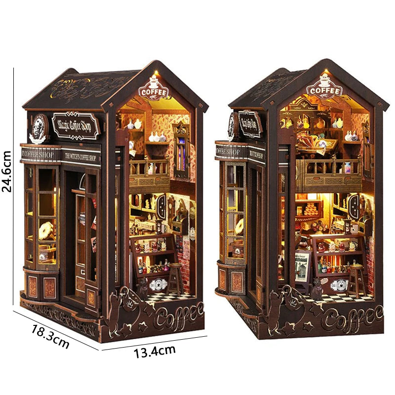 DIY Book Nook Insert Kits Wooden Doll House Building Kit Magic House Casa Bookend with LED Lights Bookshelf Home Decoration Gift