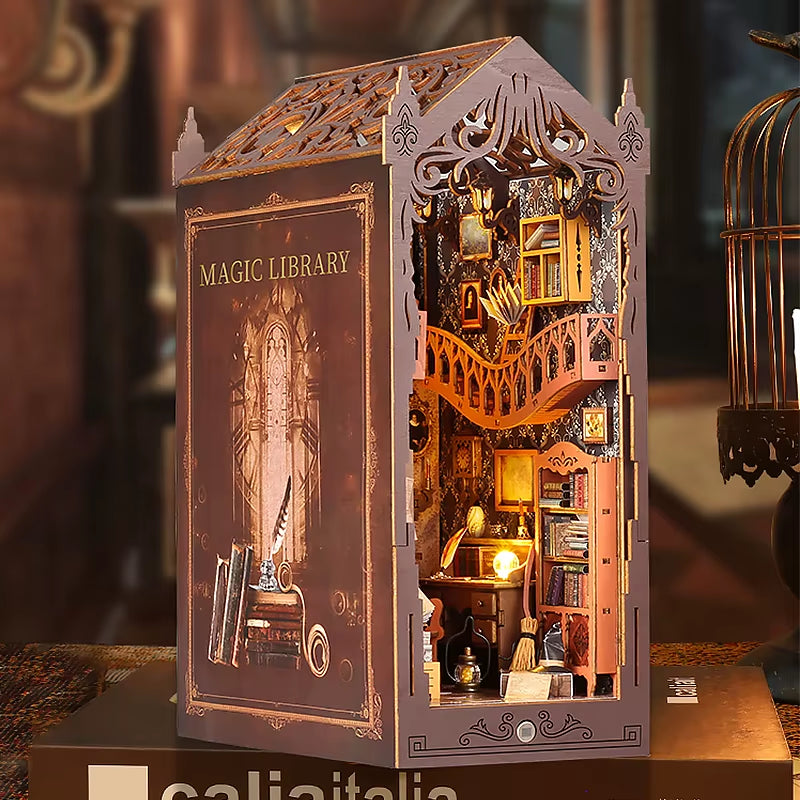 DIY Book Nook Insert Kits Wooden Doll House Building Kit Magic House Casa Bookend with LED Lights Bookshelf Home Decoration Gift