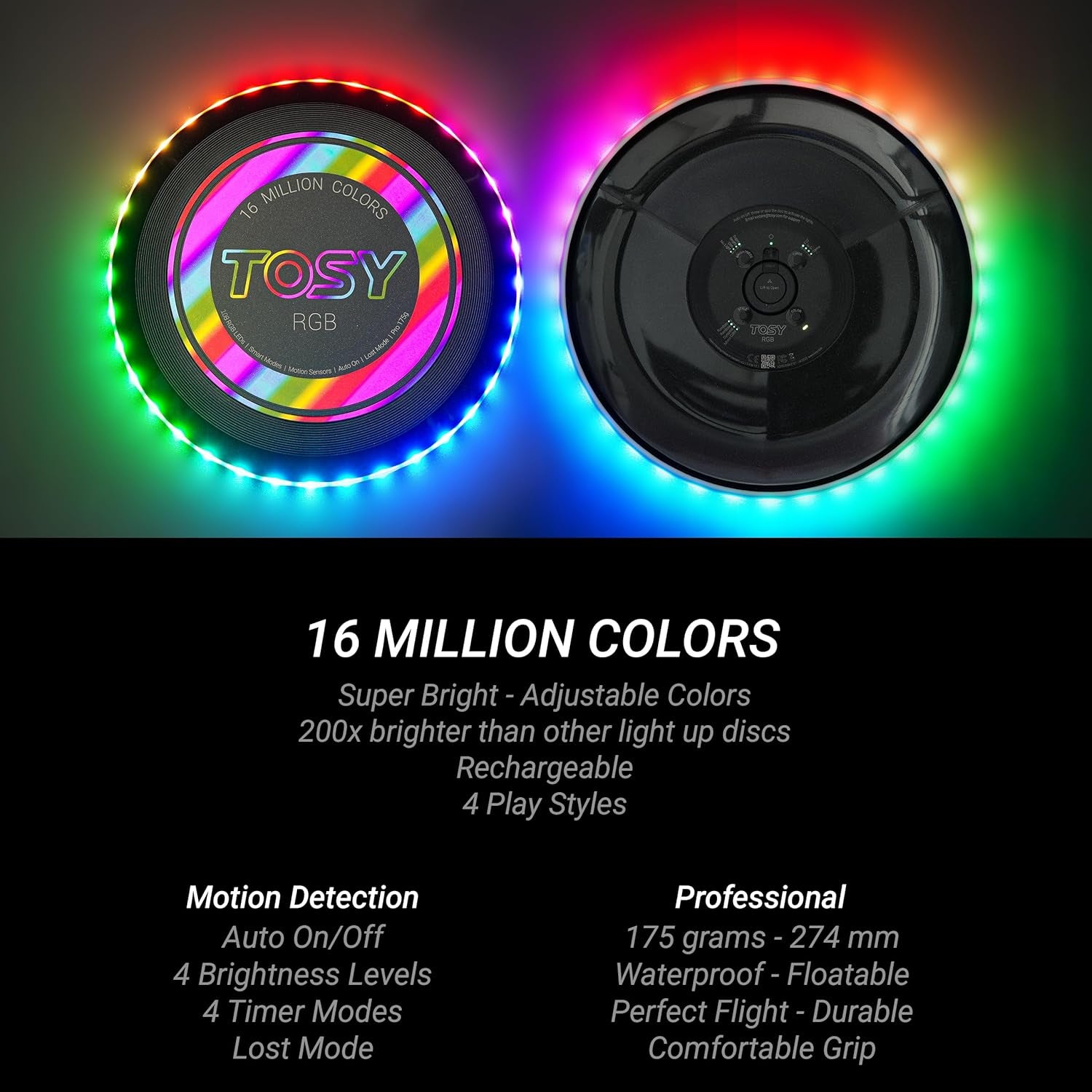 Flying Disc - 16 Million Color RGB or 36 Leds, Extremely Bright, Smart Modes, Auto Light Up, Rechargeable, Birthday, Camping, for Men/Boys/Teens/Kids, 175G Frisbee