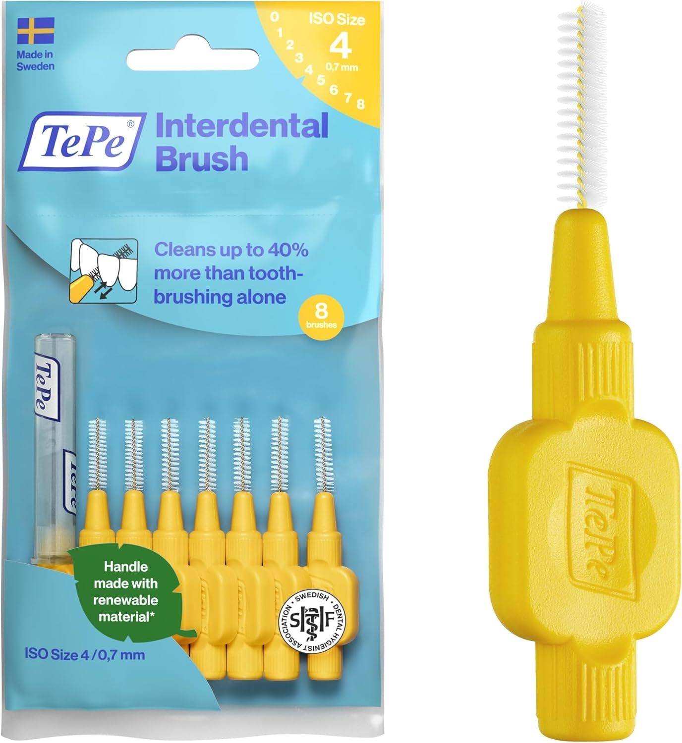 Interdental Brush, Original, Yellow, 0.7Mm/Iso 4, 8Pcs, Efficient Cleaning between Teeth, Plaque Remover and Dental Flosser for Small Gaps