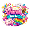 Colorful viral kids toys banner with kawaii unicorn, cat, cloud, boba, and rainbow pop it heart.