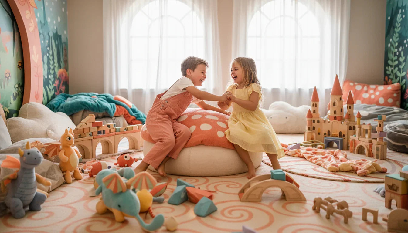 Children playing with viral kids toys and wooden building blocks in a colorful playroom
