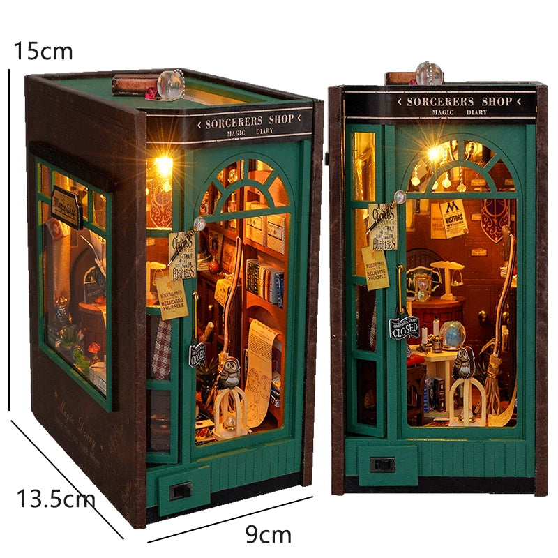 DIY Book Nook Insert Kits Wooden Doll House Building Kit Magic House Casa Bookend with LED Lights Bookshelf Home Decoration Gift